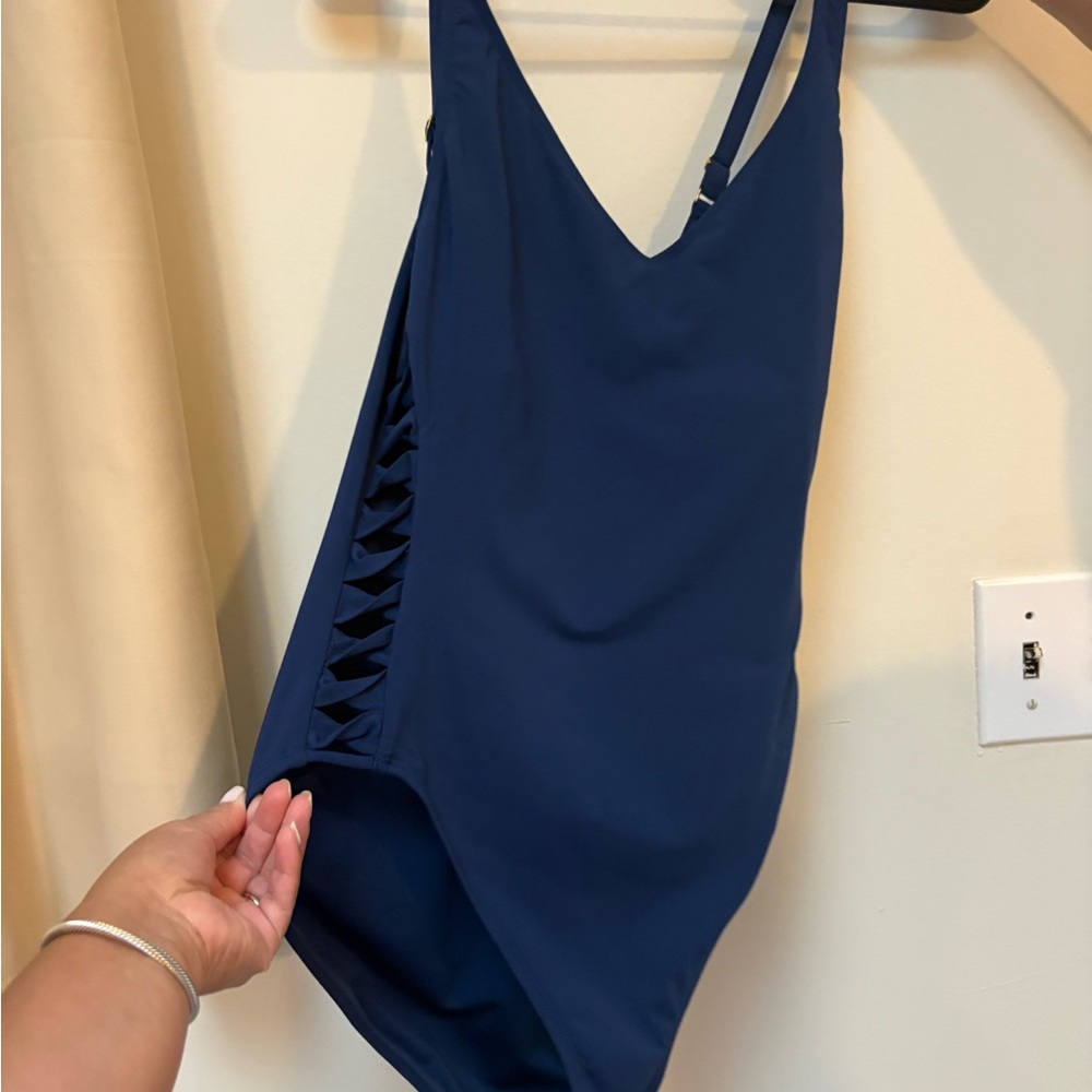 Navy Blue One-Piece Swimsuit with Side Cutouts